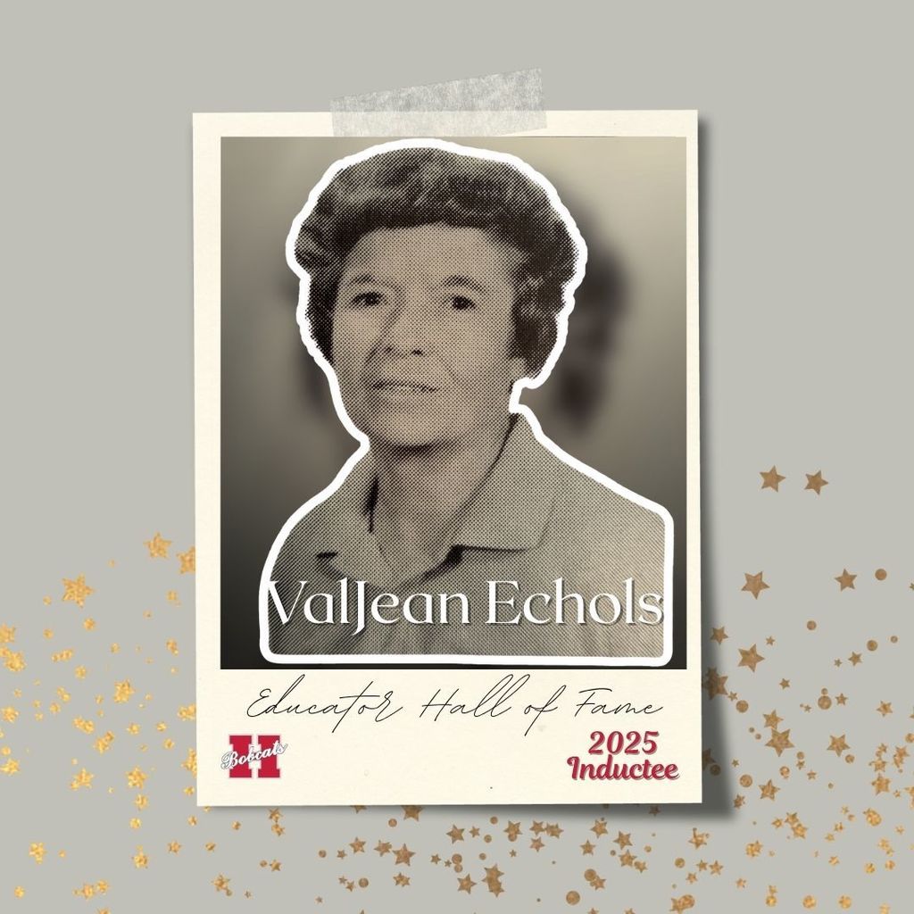 Vintage black-and-white portrait of ValJean Echols with short, dark hair, wearing a collared shirt. The image is framed with a cream-colored border that reads โValJean Echols โ Educator Hall of Fame 2025 Inductee.โ Gold star accents decorate the background.โ