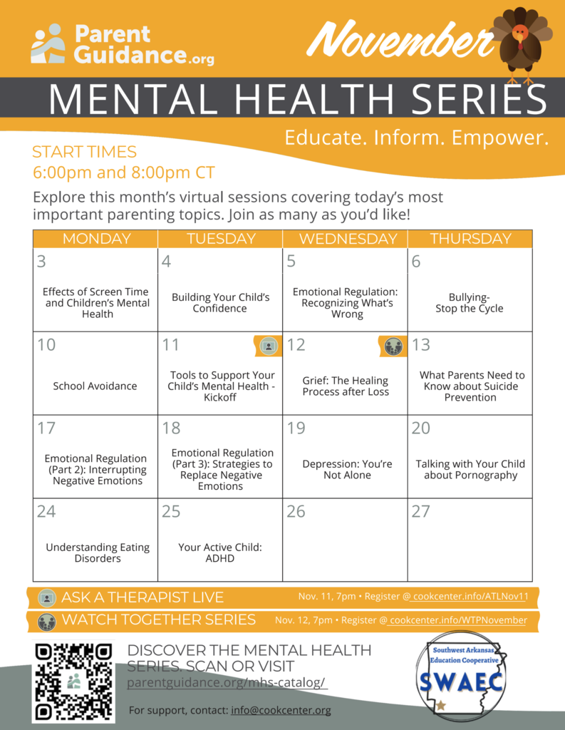 A digital flyer from ParentGuidance.org and the Southwest Arkansas Education Cooperative (SWAEC) promoting the November Mental Health Series. The flyer features an orange and gray design with a small cartoon turkey to represent the month of November. It lists several free virtual parenting and mental health sessions held at 6:00 p.m. and 8:00 p.m. CT.  Session titles include:  Effects of Screen Time and Children’s Mental Health (November 3)  Building Your Child’s Confidence (November 4)  Emotional Regulation: Recognizing What’s Wrong (November 5)  Grief: The Healing Process after Loss (November 12)  Depression: You’re Not Alone (November 19), among others.  The flyer encourages families to scan a QR code or visit parentguidance.org/mhs-catalog for more information and support.