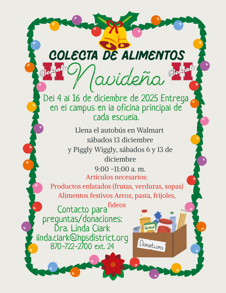 A Christmas-themed flyer bordered with colorful holiday lights and garland. Golden bells with holly sit at the top. The text announces the “Christmas Food Drive,” with dates December 4–16, 2025, campus drop-off locations, Stuff the Bus dates at Walmart and Piggly Wiggly, needed items, and contact information for Dr. Linda Clark. At the bottom right is an illustrated donation box filled with canned goods and pantry items. Two Hope Bobcats logos appear near the top corners.