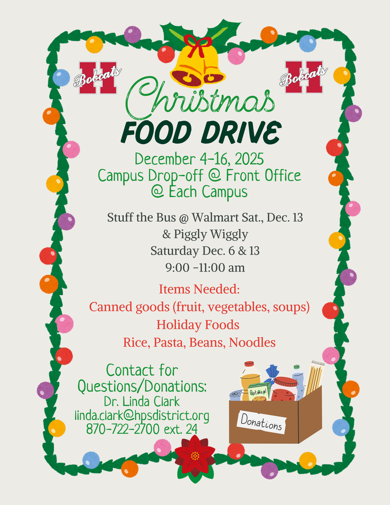 A Christmas-themed flyer bordered with colorful holiday lights and garland. Golden bells with holly sit at the top. The text announces the “Christmas Food Drive,” with dates December 4–16, 2025, campus drop-off locations, Stuff the Bus dates at Walmart and Piggly Wiggly, needed items, and contact information for Dr. Linda Clark. At the bottom right is an illustrated donation box filled with canned goods and pantry items. Two Hope Bobcats logos appear near the top corners.