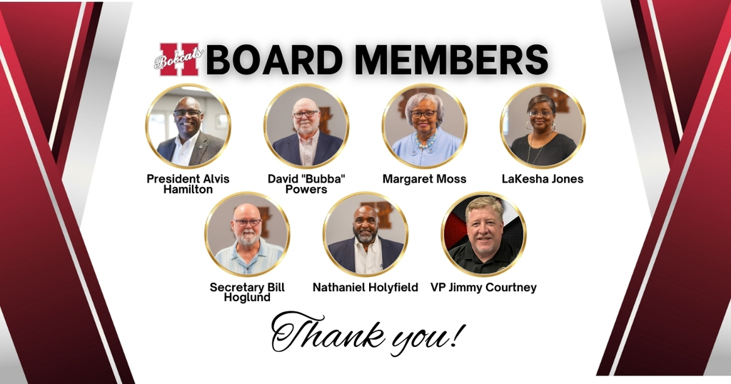 A School Board Appreciation Month graphic for Hope Public Schools featuring photos of the Board of Education members with their names and titles displayed. The design uses red, black, and white district colors with gold-accented circular portraits, the heading “BOARD MEMBERS,” and a “Thank you!” message, honoring board members throughout the month of January.