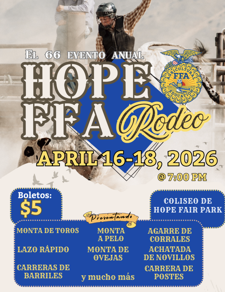 A promotional graphic for the 66th Annual Hope FFA Rodeo showing a rodeo rider on a bull with text listing event dates April 16–18, 2026 at 7:00 PM, ticket price of $5, location at Hope Fair Park Coliseum, and a list of rodeo events including bull riding, barrel racing, and mutton bustin’.