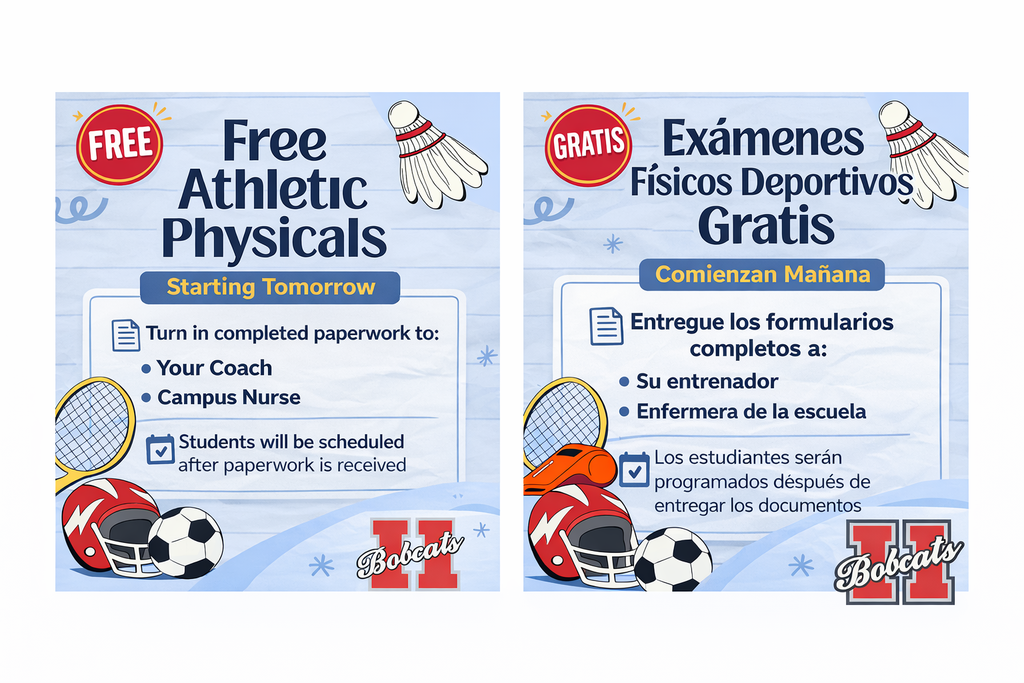 Two side-by-side promotional graphics for Hope Public Schools announcing free athletic physicals starting tomorrow. The left graphic is in English and reads “Free Athletic Physicals – Starting Tomorrow,” with instructions to turn in completed paperwork to a coach or campus nurse, and notes that students will be scheduled after paperwork is received. The right graphic presents the same information in Spanish. Both graphics feature a light blue background with sports-themed illustrations such as a shuttlecock, tennis racket, football helmet, soccer ball, and whistle. The Hope Bobcats “H” logo is displayed at the bottom right of each graphic.