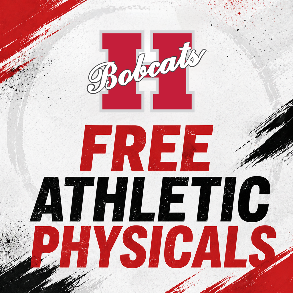 A simple red, black, and white graphic featuring the Hope “H” with “Bobcats” across the center. Below the logo, bold text reads “Free Athletic Physicals.” The background includes light texture with red and black brush stroke accents, creating a clean and athletic look.