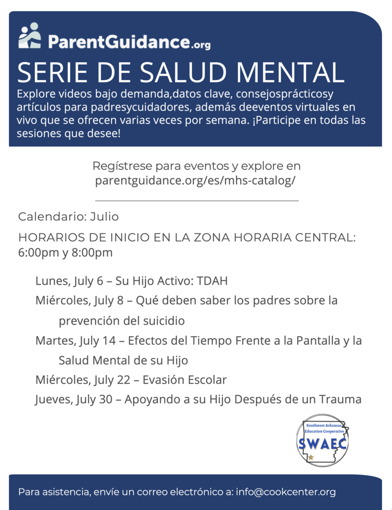 Spanish flyer from ParentGuidance.org promoting the July Mental Health Series for parents and caregivers. The flyer invites families to explore on-demand videos, key facts, practical tips, articles, and live virtual events offered several times per week. July sessions include ADHD, suicide prevention, screen time and mental health, school avoidance, and supporting a child after trauma. Sessions begin at 6:00 PM and 8:00 PM Central Time. The flyer directs families to parentguidance.org/es/mhs-catalog and lists info@cookcenter.org for support.