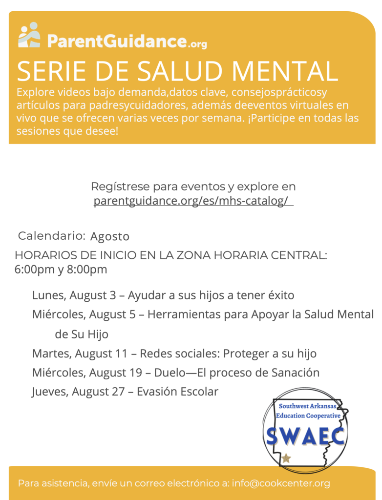 Spanish flyer from ParentGuidance.org promoting the August Mental Health Series for parents and caregivers. The flyer invites families to explore on-demand videos, key facts, practical tips, articles, and live virtual events offered several times per week. August sessions include helping children succeed, tools to support a child’s mental health, social media safety, grief and the healing process, and school avoidance. Sessions begin at 6:00 PM and 8:00 PM Central Time. The flyer directs families to parentguidance.org/es/mhs-catalog and lists info@cookcenter.org for support.