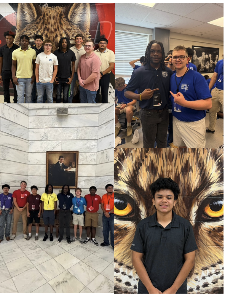 Photo collage showing Hope High School students who attended the 85th annual session of the American Legion’s Arkansas Boys State. The images include groups of students standing together inside a school or public building, two students posing during the Boys State event, and one student standing in front of a large Bobcat mural. Students are shown wearing event badges, casual clothing, and Boys State shirts while participating in the leadership and civic engagement experience. Photo courtesy of HHS and Richard Ware.