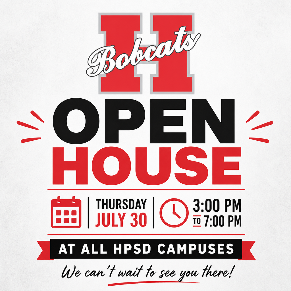 A clean, minimalist Hope Public Schools Open House graphic featuring the Hope Bobcats "H" logo at the top. Large bold text reads "OPEN HOUSE." The graphic lists Thursday, July 30, 3:00 p.m. to 7:00 p.m., and At All HPSD Campuses, followed by the message, "We can't wait to see you there!" The design uses the district's red, black, and white colors with calendar and clock icons on a light background.