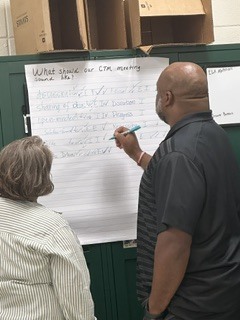 Ms. Tackett and Mr. Turner working together to prepare CTM meeting norms