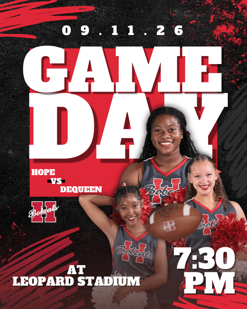 🏈 IT’S GAME DAY! The Hope Bobcats are headed to De Queen for another Friday night matchup! 📅 Friday, September 11 ⏰ 7:30 PM 📍 Leopard Stadium Travel with us and support the Bobcats! 🔴⚫ #HopeBobcats #BobcatFootball #GameDay