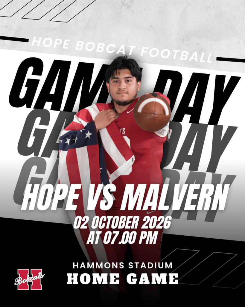 🏈 HOME GAME!  The Hope Bobcats return to Hammons Stadium to face Malvern!  📅 Friday, October 2 ⏰ 7:00 PM 📍 Hammons Stadium  Wear your red and black and help us create a great home-field atmosphere! 🐾  #HopeBobcats #BobcatFootball #HomeGame