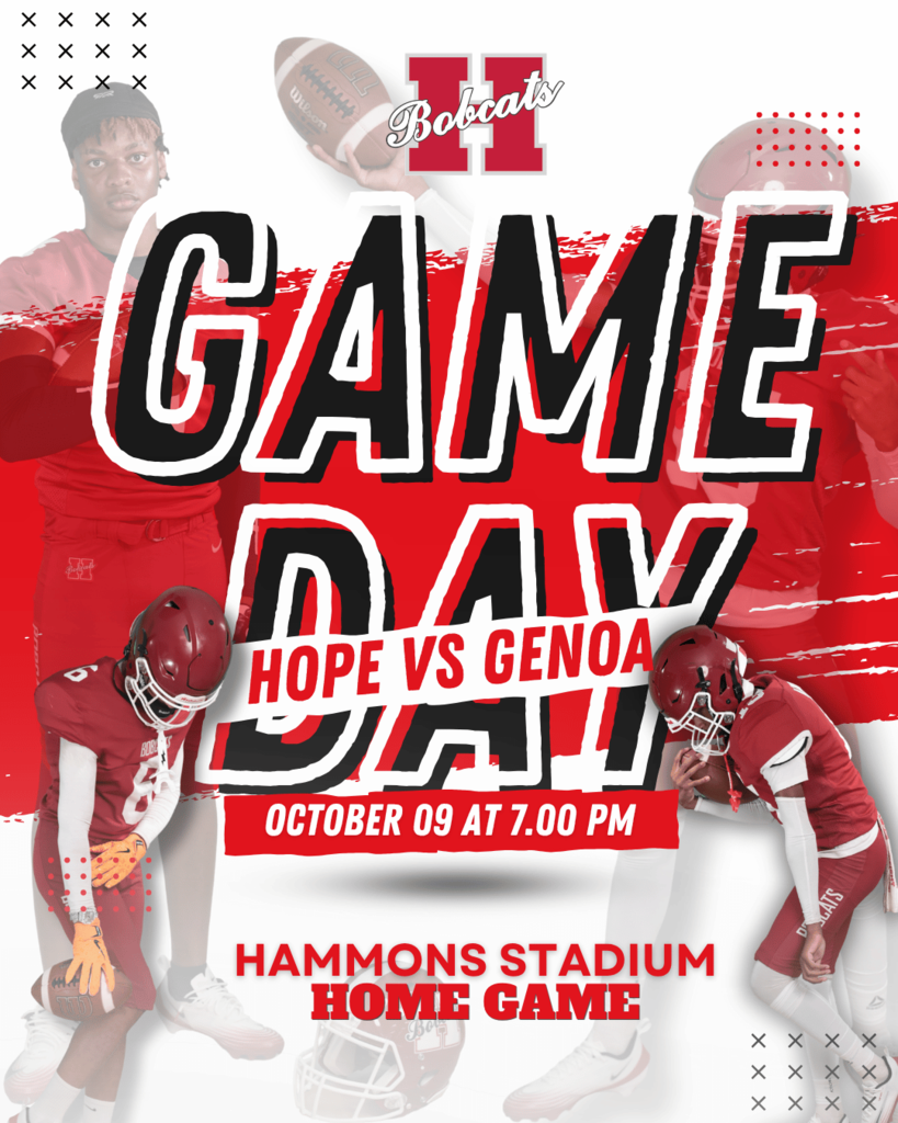 👑🏈 HOMECOMING GAME DAY!  The Hope Bobcats host Genoa Central for our 2026 Homecoming game!  📅 Friday, October 9 ⏰ 7:00 PM 📍 Hammons Stadium  Bobcat Nation, come home, fill the stands, and cheer our team to victory! 🔴⚫  #HopeBobcats #BobcatFootball #Homecoming2026