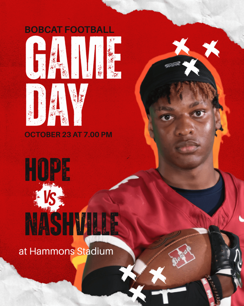 🏈 HOME GAME! The Hope Bobcats welcome Nashville to Hammons Stadium for a big Friday night matchup! 📅 Friday, October 23 ⏰ 7:00 PM 📍 Hammons Stadium Pack the stands and get loud for the Bobcats! 🔴⚫ #HopeBobcats #BobcatFootball #HomeGame