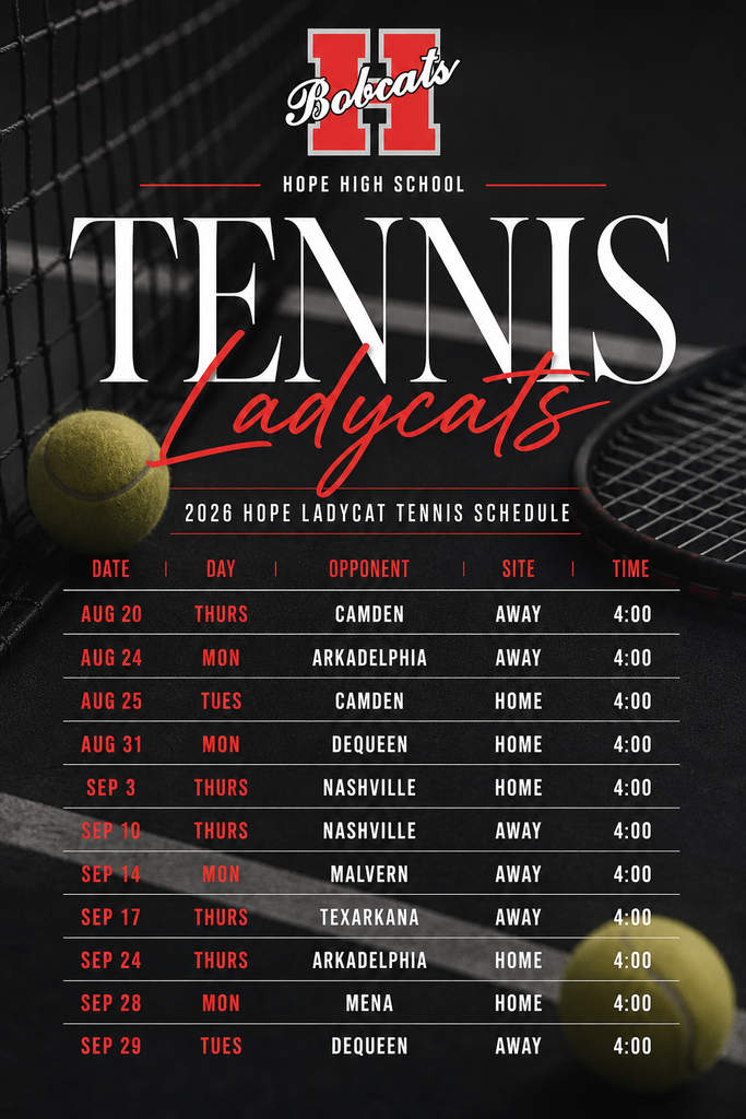 🎾 The 2026 Hope Ladycat Tennis season is here!  Join us as the Ladycats take the court for an exciting season of competition. Check out the complete schedule and come support Hope High School Tennis at home and on the road.  Let’s go, Ladycats! ❤️🖤🤍  #HopeLadycats #HopeHighSchool #LadycatTennis #BobcatPride #TennisSeason