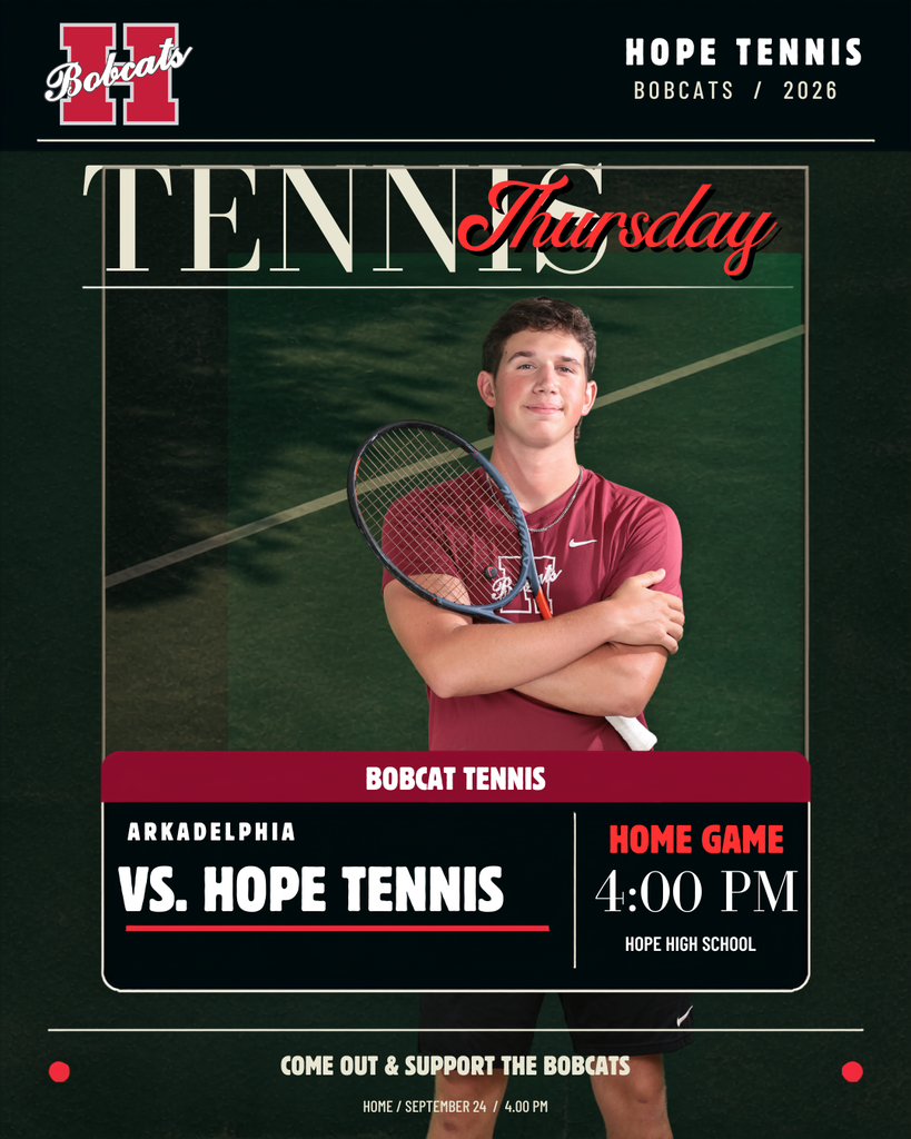 English 🔥 Home court. Bobcat pride. Let’s play! Hope Tennis takes on Arkadelphia on Thursday, September 24, at 4:00 p.m. Come out to Hope High School, cheer loudly, and help give our Bobcats a true home-court advantage! 🎾❤️🐾 📍 Hope High School 🕓 4:00 p.m. 🏠 Home Game Español 🔥 Cancha local, orgullo Bobcat y hora de jugar. Hope Tennis se enfrenta a Arkadelphia el jueves 24 de septiembre a las 4:00 p.m. ¡Acompáñennos en Hope High School y ayuden a darle a nuestros Bobcats una verdadera ventaja de local! 🎾❤️🐾 📍 Hope High School 🕓 4:00 p.m. 🏠 Partido en casa