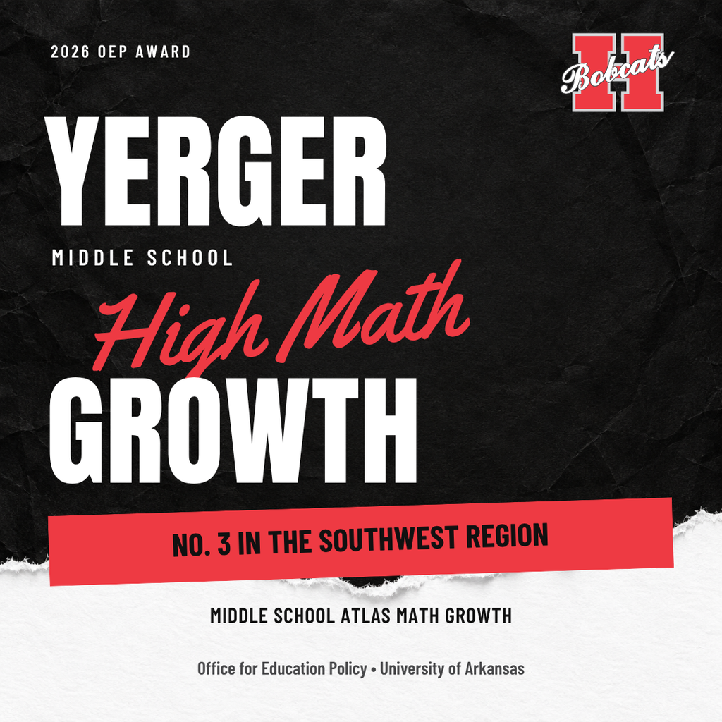 Black torn-paper design with the Hope Bobcats logo celebrating Yerger’s 2026 math growth award and No. 3 Southwest Region ranking.
