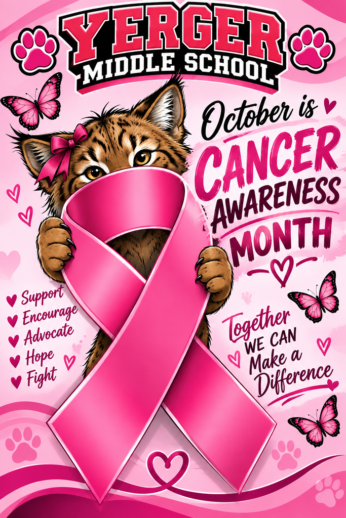 October is Cancer Awareness Month, and Yerger Middle School is proud to stand together in support of those who are fighting, those who have survived, and the families and loved ones who walk beside them. Throughout the month, we encourage our Bobcats to show support, spread awareness, and remember that even small acts of encouragement can make a difference. Together, we support. We encourage. We advocate. We hope. We fight. #YergerMiddleSchool #CancerAwarenessMonth #BobcatsCare #TogetherWeCanMakeADifference