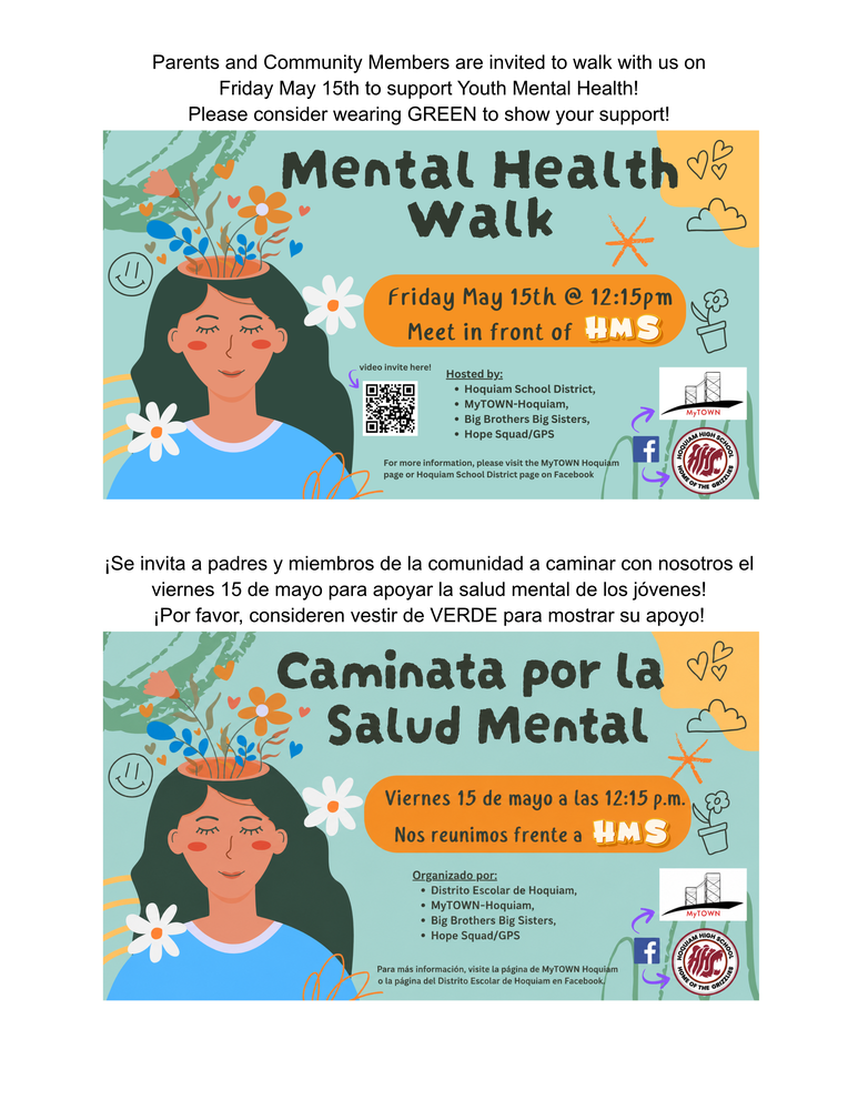 Mental Health Walk Friday May 15th at 12:15 outside the Middle School