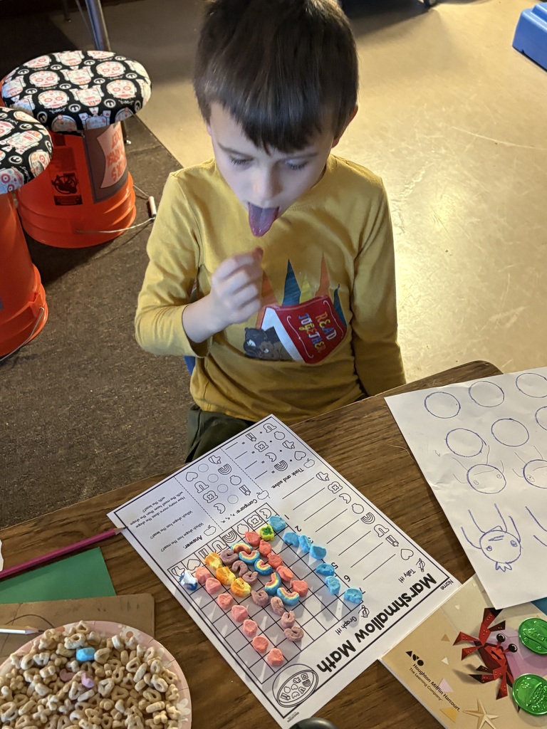 Mrs. Meeker's 1st graders spent time graphing, tallying, adding, and comparing the marshmallows in their Lucky Charms.