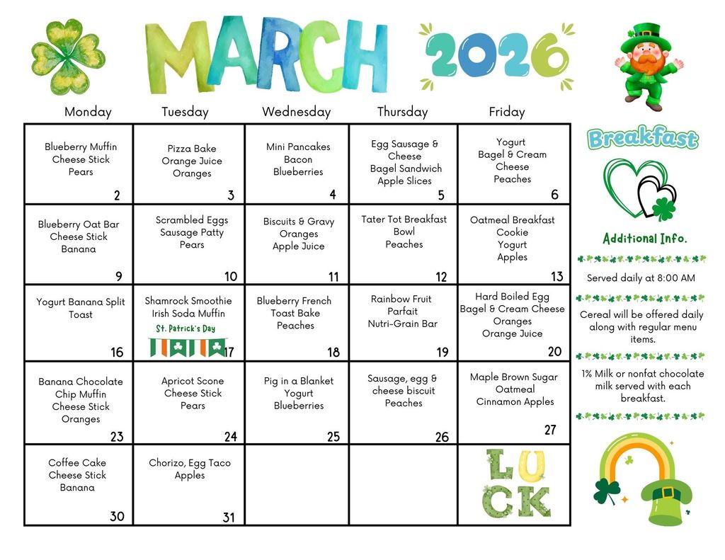 March 2026 Breakfast Menu
