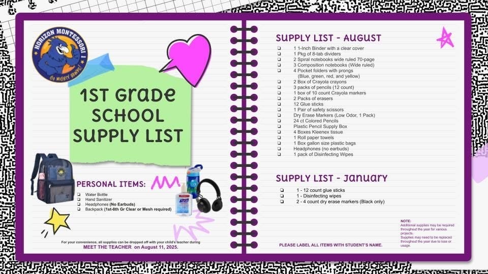 1st Grade Supply List