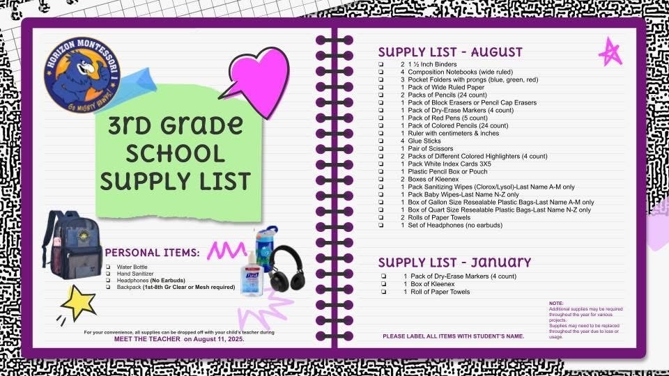 3rd Grade Supply List