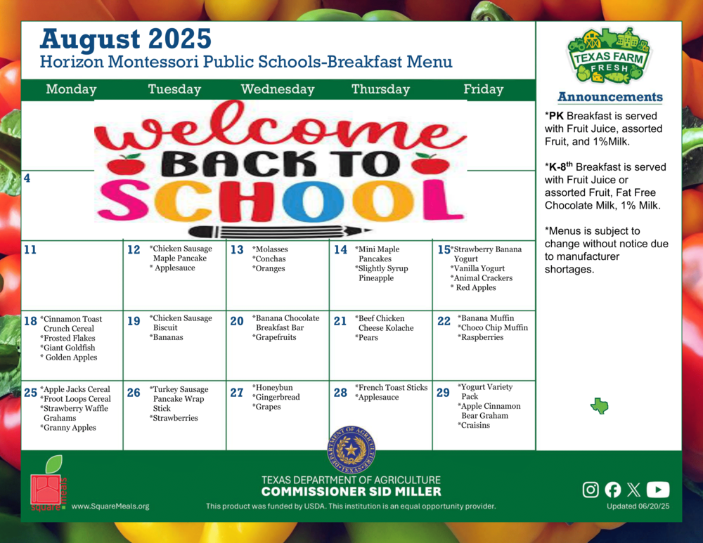 Menu for August