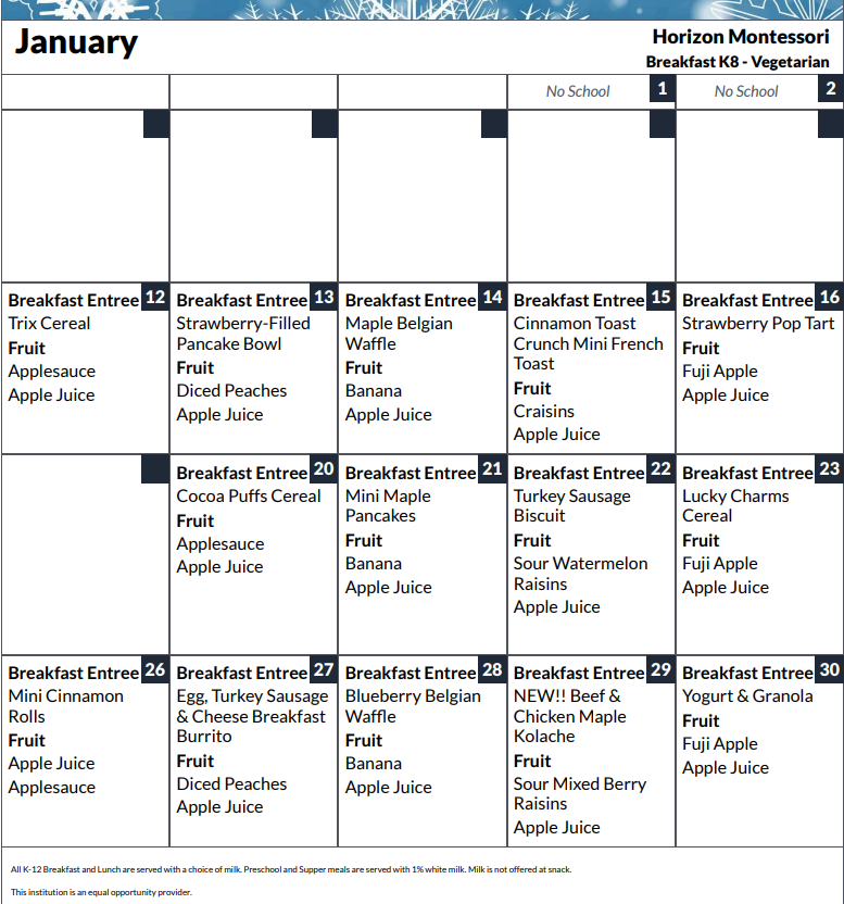 January Breakfast Menu