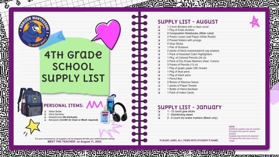 4th Grade Supply List