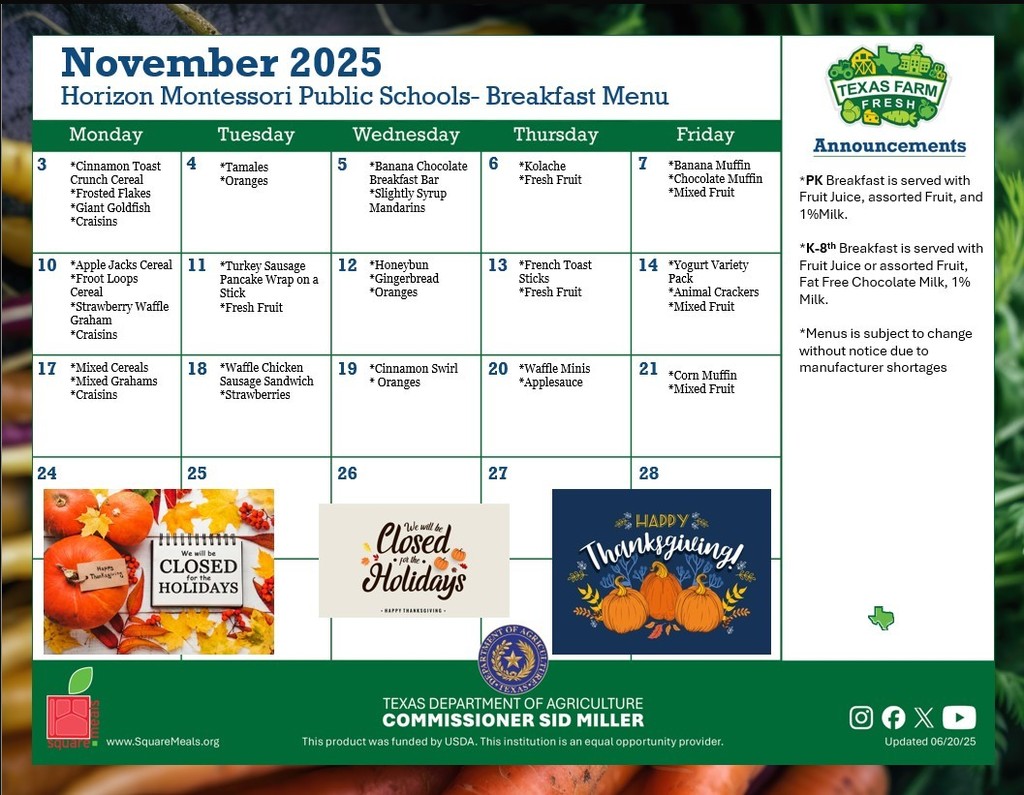 November Breakfast Menu