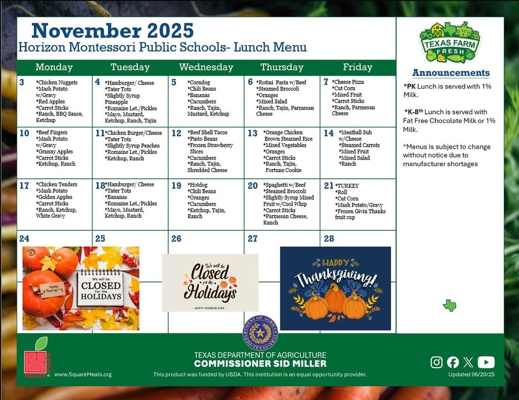 November Lunch Menu