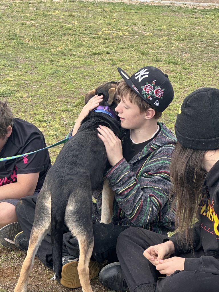 Student hugging a dog. 