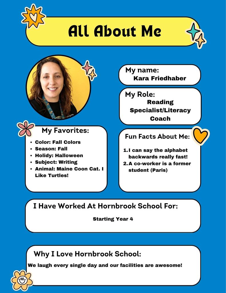 All about me flyer featuring the reading specialist/literacy coach Kara Friedhaber