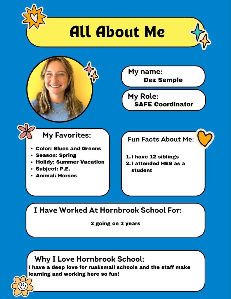 All about me flyer featuring our SAFE Coordinator Dez Semple