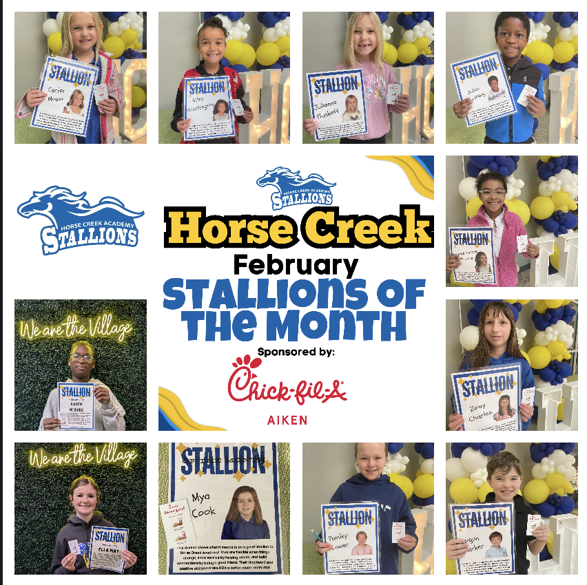 11 children pose with certificates at Horse Creek. The banner reads "Horse Creek February Stallions of the Month."