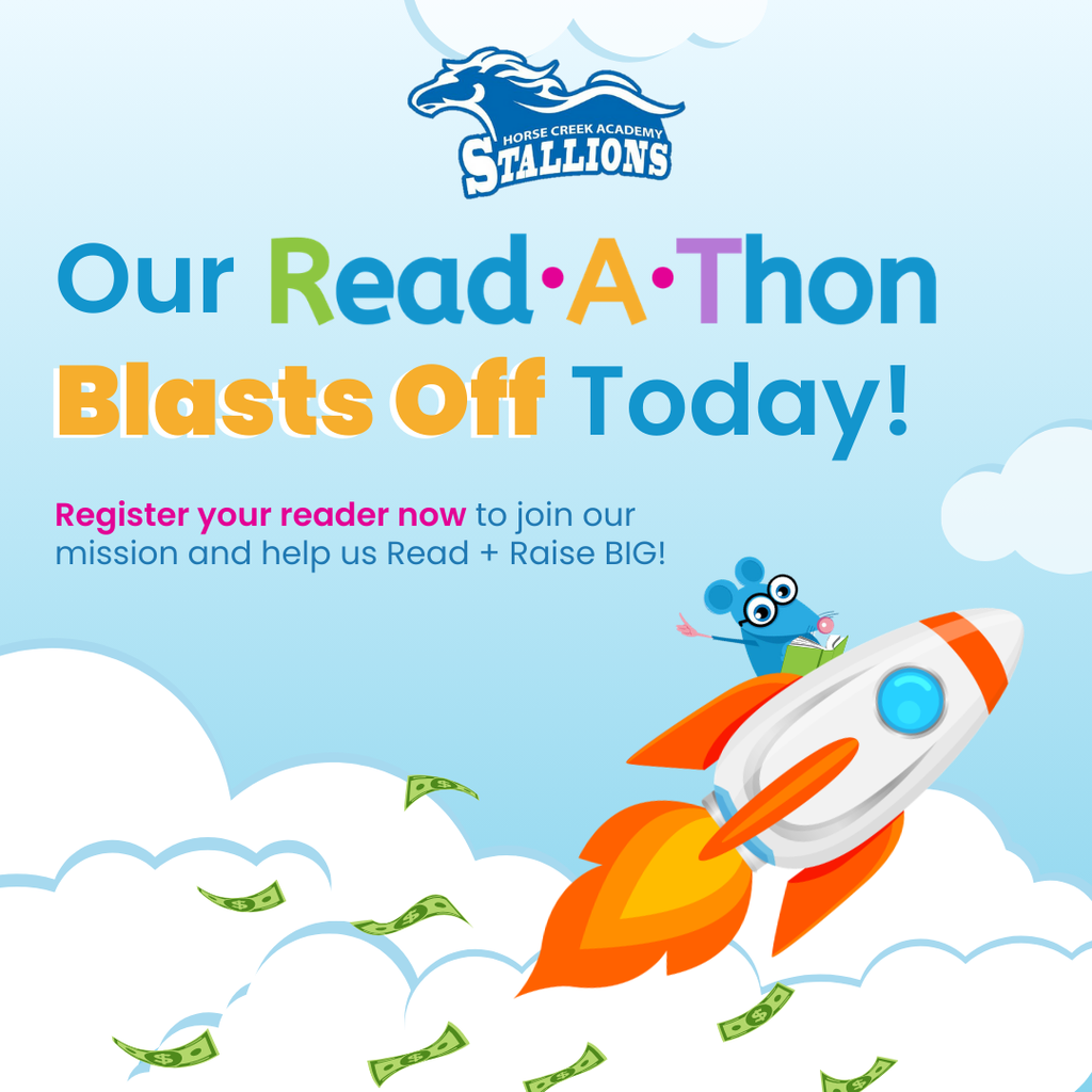 An advertisement with a rocket, a character, and money flying around. Text reads "Our Readathon Blasts Off Today!"