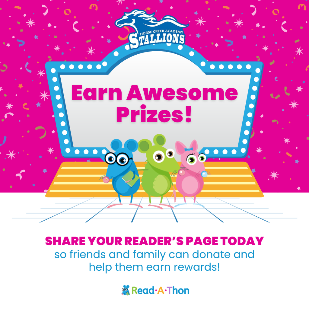 Advertisement features characters on a stage with a pink background. Text reads "Earn Awesome Prizes!" and "Share Your Reader's Page Today".