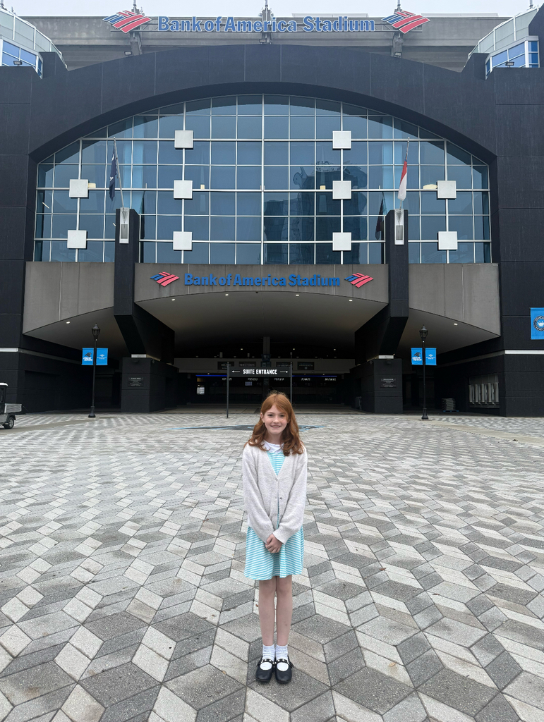 A girl in a white sweater and blue skirt stands in front of Bank of America Stadium.