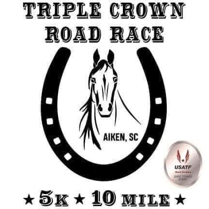 A black horseshoe with a horse head, text "TRIPLE CROWN ROAD RACE", location "AIKEN, SC", distances "5K" and "10 MILE".