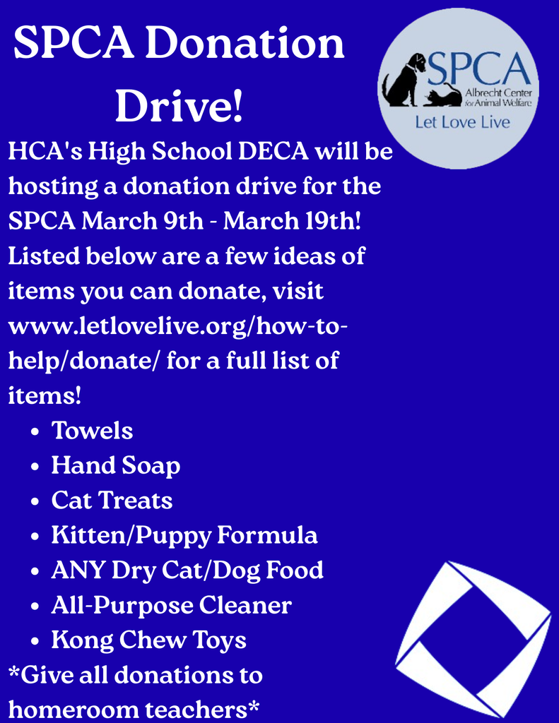 Blue poster with white text announces an SPCA Donation Drive. List includes towels, hand soap, cat treats, and more.