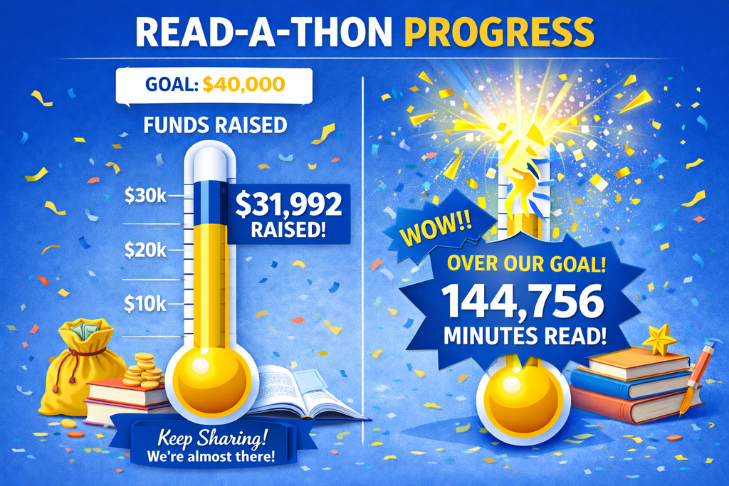 Bright blue background with a thermometer displaying $31,992. Text reads "Goal: $40,000, Funds Raised: $31,992". Fireworks, books, and a bag are also shown.