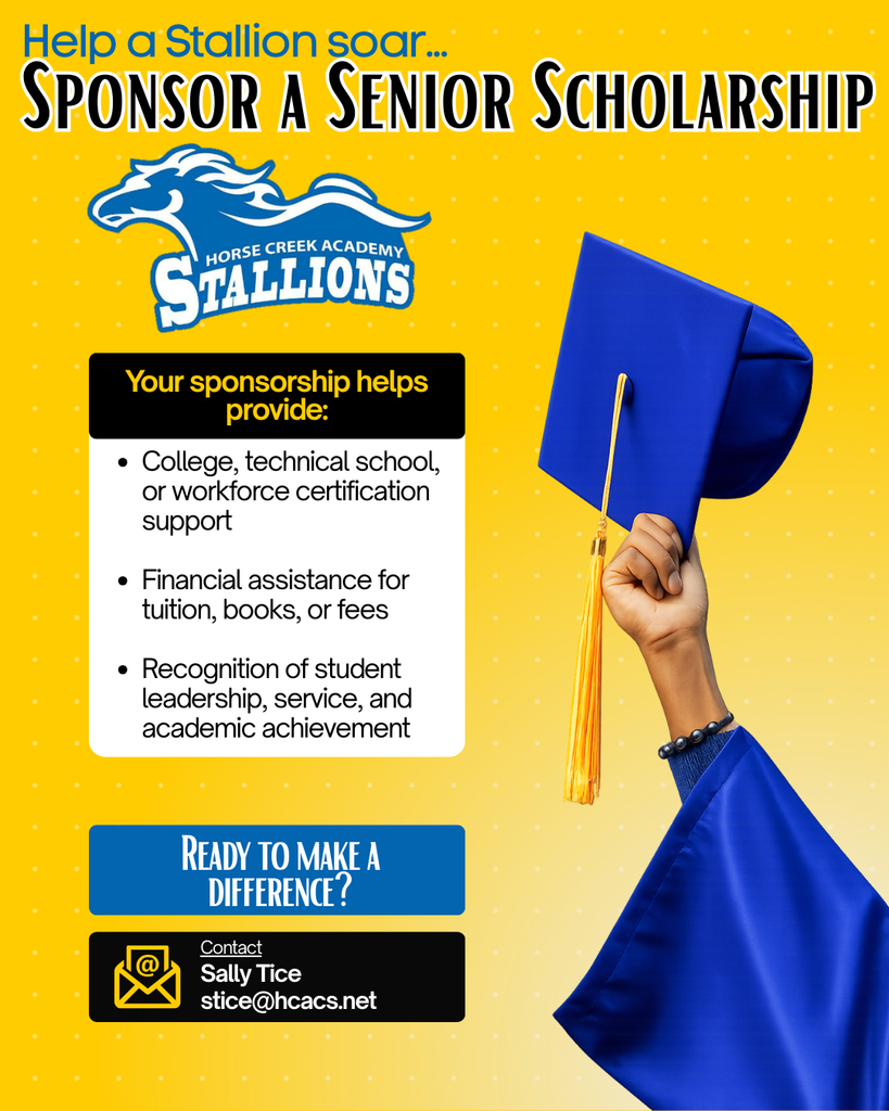 An ad for sponsoring a senior scholarship, featuring a hand holding a blue graduation cap and tassel. Text reads: "Help a Stallion soar... Sponsor a Senior Scholarship."