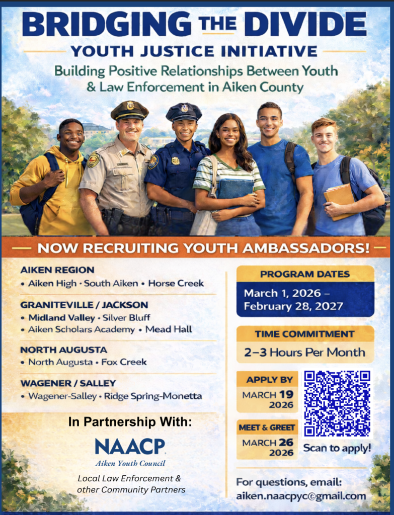 Poster shows youth and law enforcement. Text reads "Bridging the Divide, Youth Justice Initiative". Dates, locations, and application info are included.