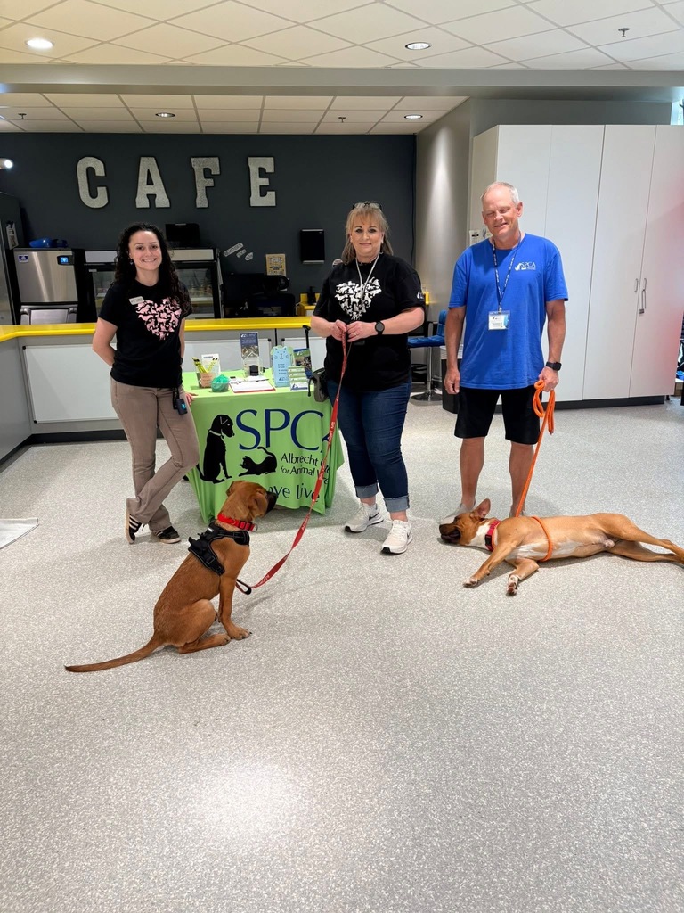 Three adults and two dogs stand in a room. Behind them, a table says "SPC". To the left is a counter with appliances.