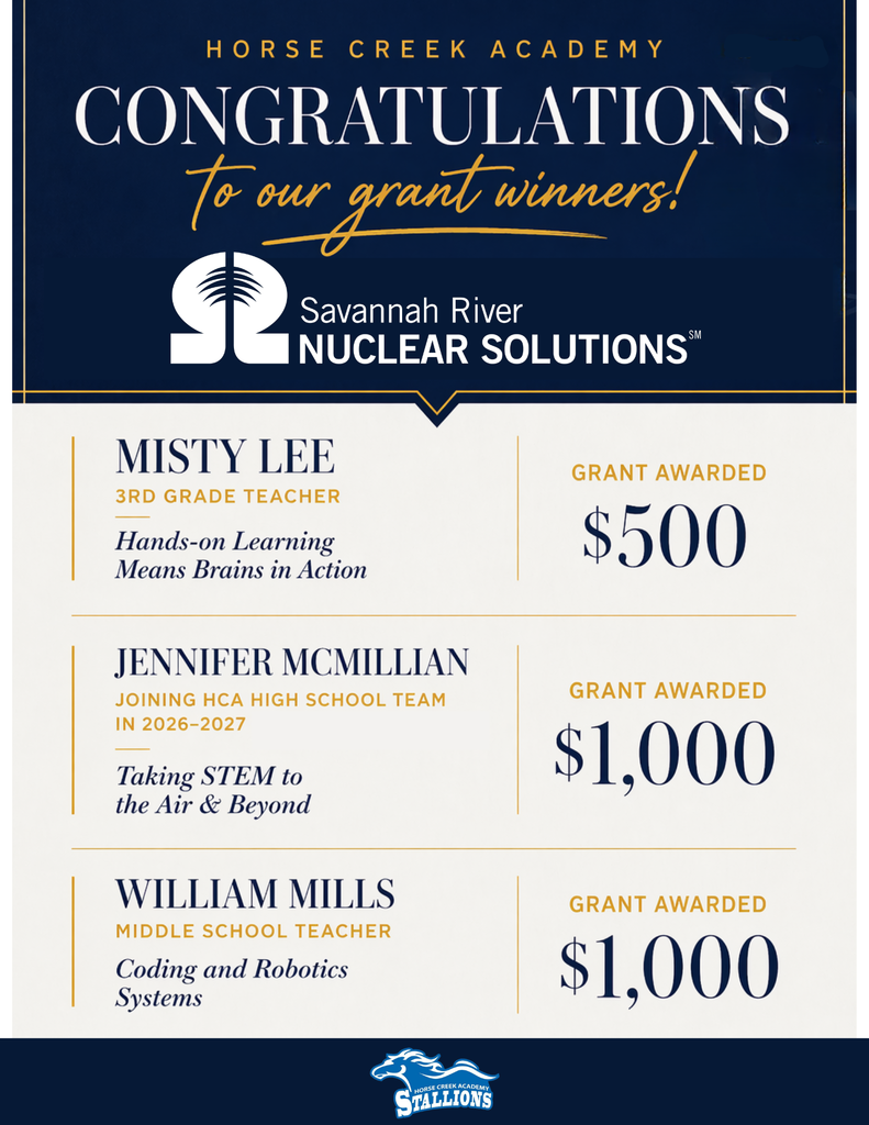 Banner with blue and white background reads, "CONGRATULATIONS to our grant winners!" Three winners are listed with their awards.