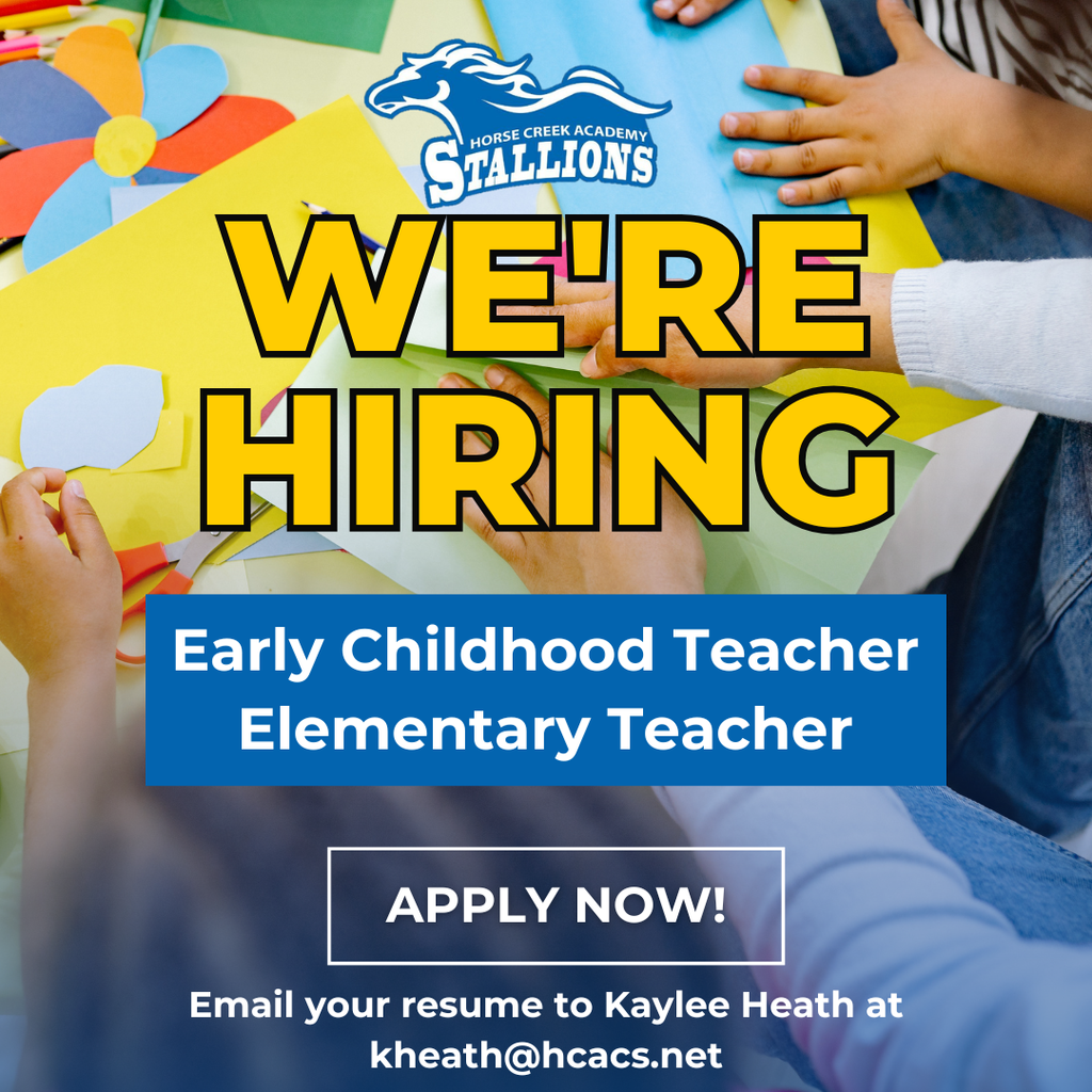A recruitment poster displays a logo and text. Two children hold paper. Text reads, "We're Hiring" and "Early Childhood Teacher Elementary Teacher APPLY NOW!"
