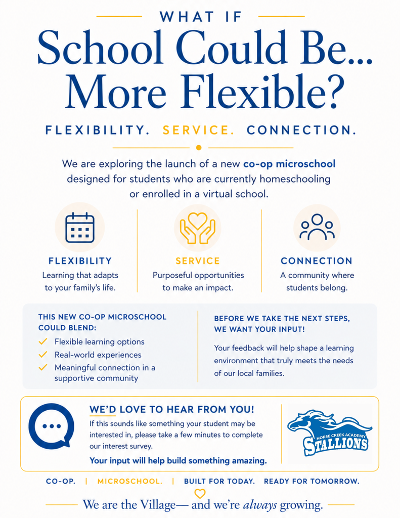 A flyer describes a new co-op microschool, emphasizing flexibility, service, and connection. Icons illustrate these themes.