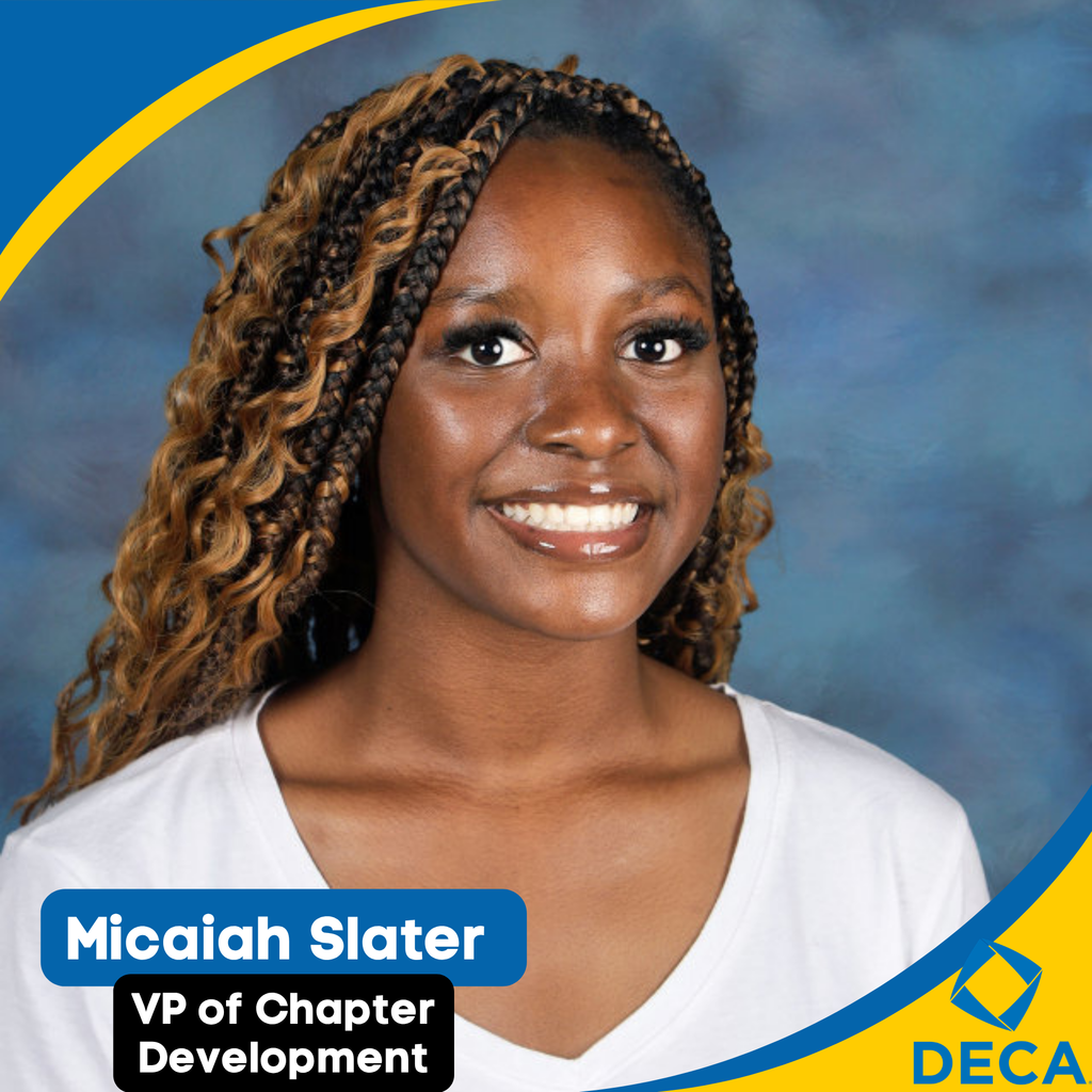 Woman with curly hair smiling, wearing white shirt. Text reads "Micaiah Slater, VP of Chapter Development." Blue background.