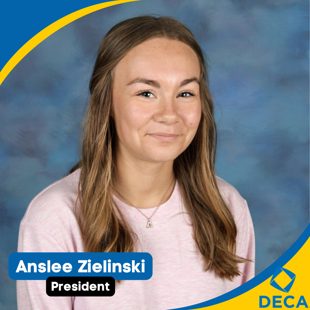 Woman with long hair in a pink shirt, smiling, with "Anslee Zielinski President" text. Background is blue.
