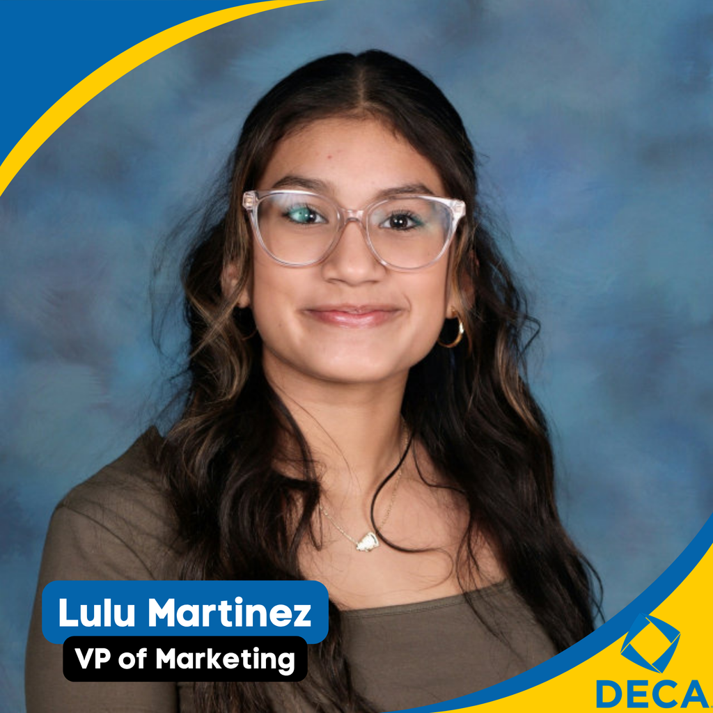 Woman with glasses and long dark hair smiles in front of a blue background. Text reads "Lulu Martinez VP of Marketing".